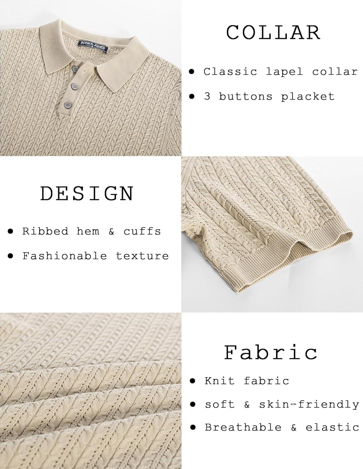imagePJ PAUL JONES Mens Knit Polo Shirt Short Sleeve Hollow Out Knit Shirt Texture Knitted PoloBeige