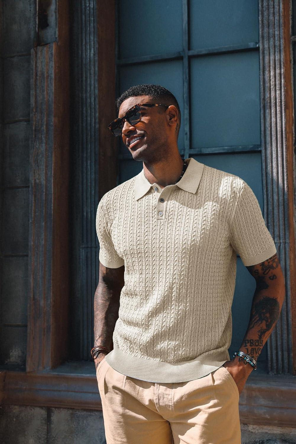 imagePJ PAUL JONES Mens Knit Polo Shirt Short Sleeve Hollow Out Knit Shirt Texture Knitted PoloBeige