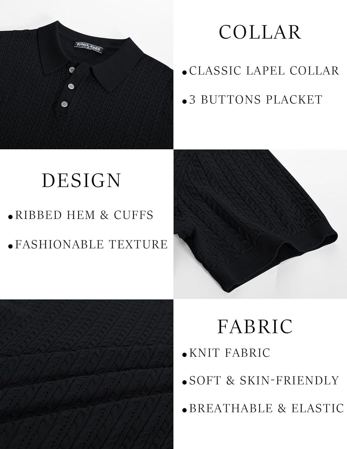 imagePJ PAUL JONES Mens Knit Polo Shirt Short Sleeve Hollow Out Knit Shirt Texture Knitted PoloBlack
