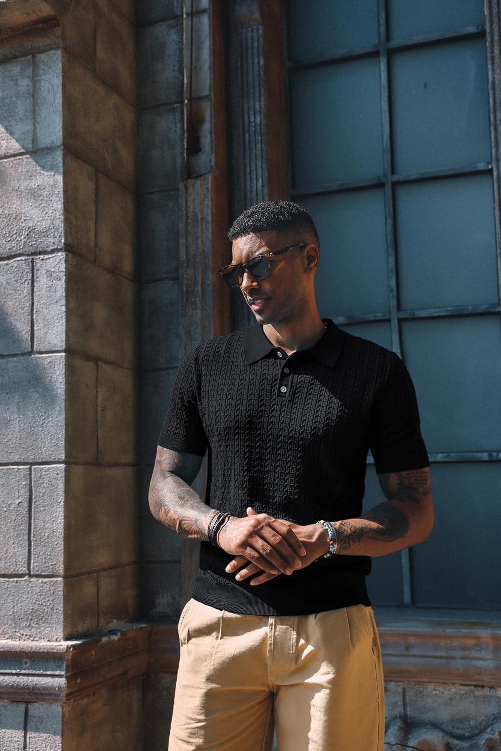 imagePJ PAUL JONES Mens Knit Polo Shirt Short Sleeve Hollow Out Knit Shirt Texture Knitted PoloBlack