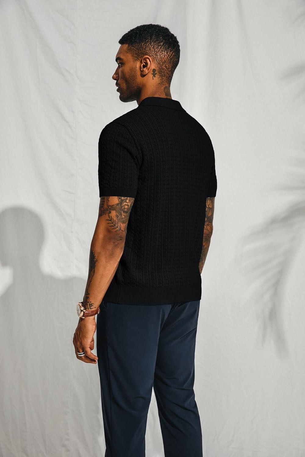 imagePJ PAUL JONES Mens Knit Polo Shirt Short Sleeve Hollow Out Knit Shirt Texture Knitted PoloBlack