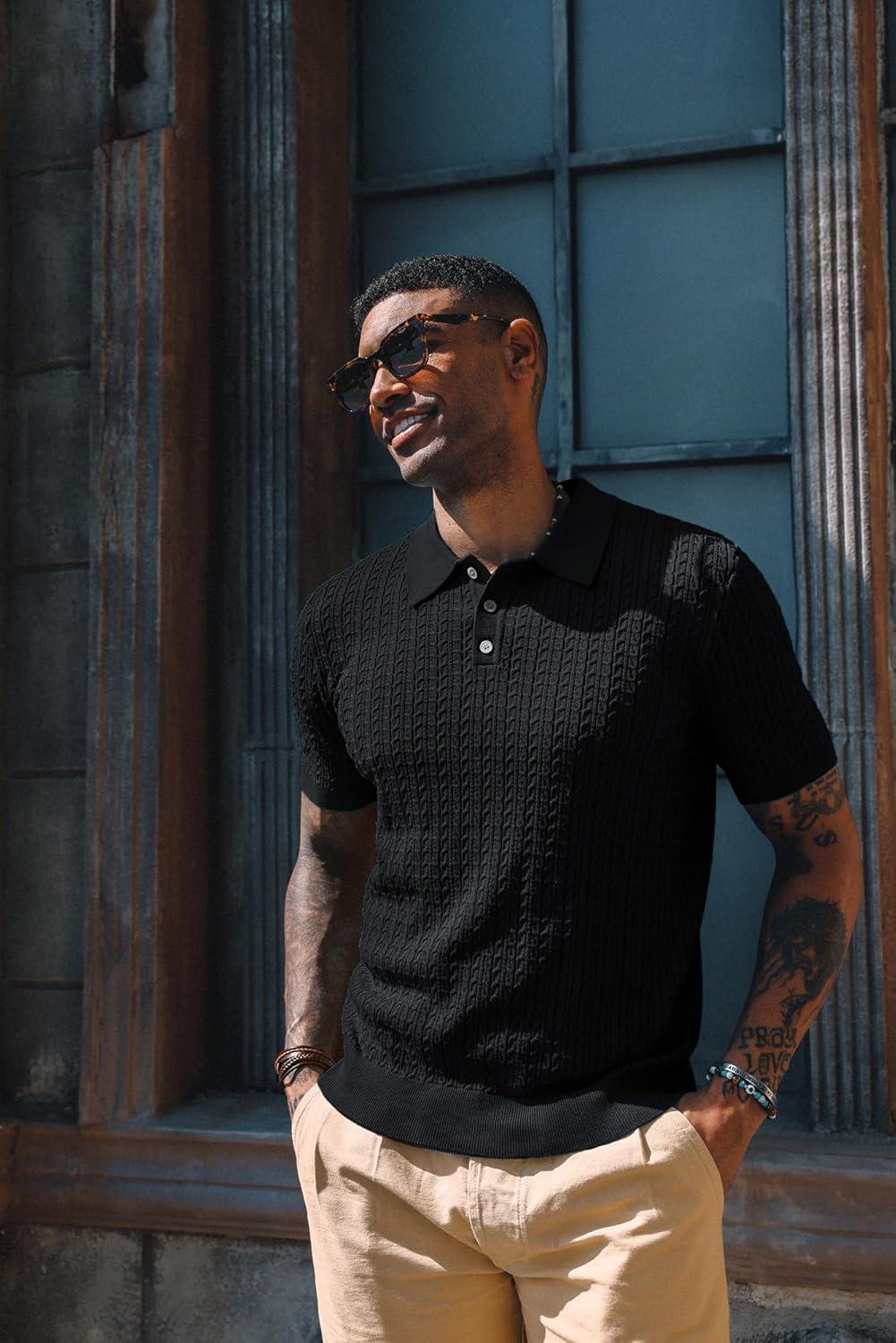 imagePJ PAUL JONES Mens Knit Polo Shirt Short Sleeve Hollow Out Knit Shirt Texture Knitted PoloBlack