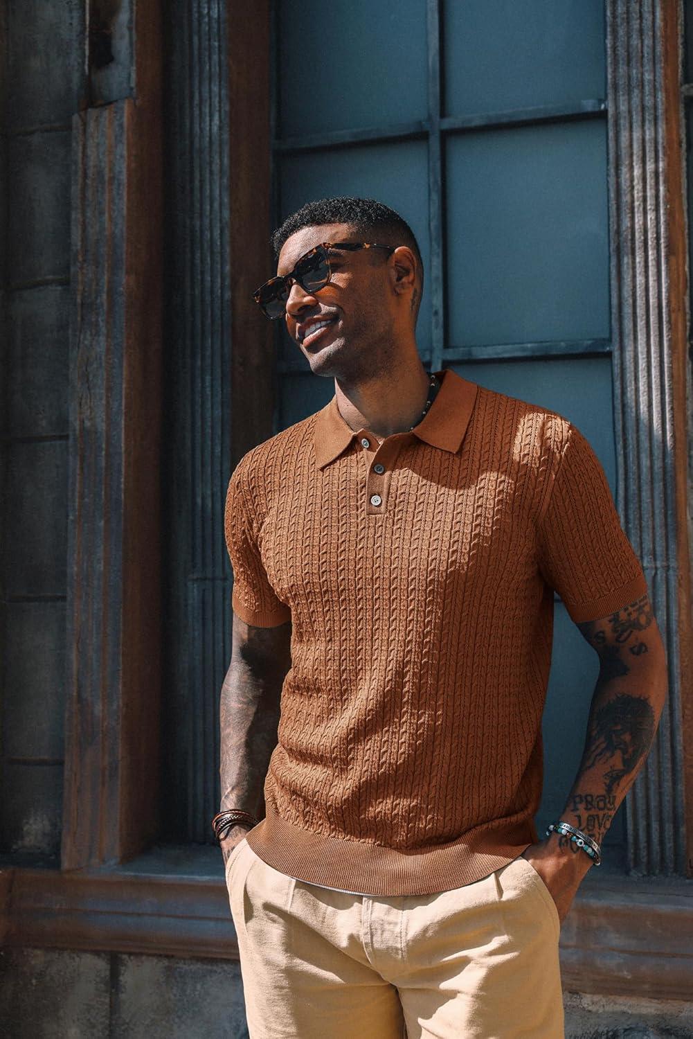 imagePJ PAUL JONES Mens Knit Polo Shirt Short Sleeve Hollow Out Knit Shirt Texture Knitted PoloRedbrown