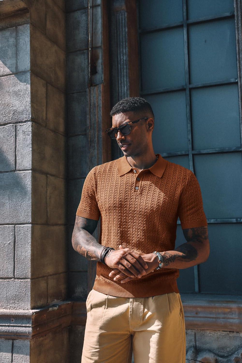 imagePJ PAUL JONES Mens Knit Polo Shirt Short Sleeve Hollow Out Knit Shirt Texture Knitted PoloRedbrown