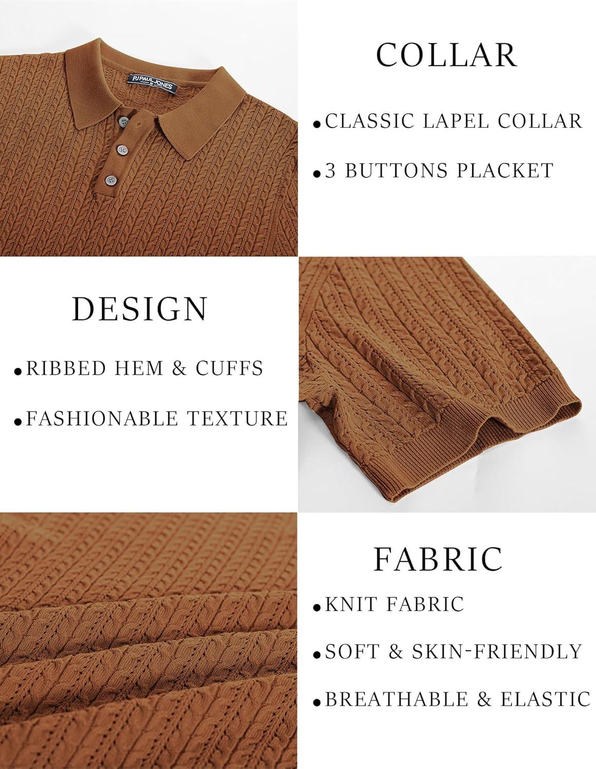 imagePJ PAUL JONES Mens Knit Polo Shirt Short Sleeve Hollow Out Knit Shirt Texture Knitted PoloRedbrown
