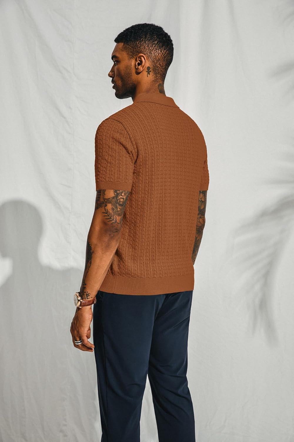 imagePJ PAUL JONES Mens Knit Polo Shirt Short Sleeve Hollow Out Knit Shirt Texture Knitted PoloRedbrown