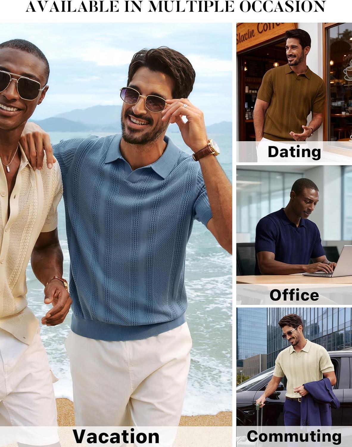 imagePJ PAUL JONES Mens Polo Shirts Short Sleeve V Neck Knit Shirt Casual Golf PolosGrey Blue