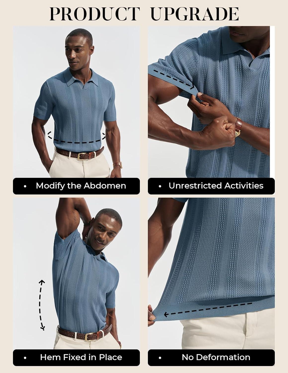 imagePJ PAUL JONES Mens Polo Shirts Short Sleeve V Neck Knit Shirt Casual Golf PolosGrey Blue