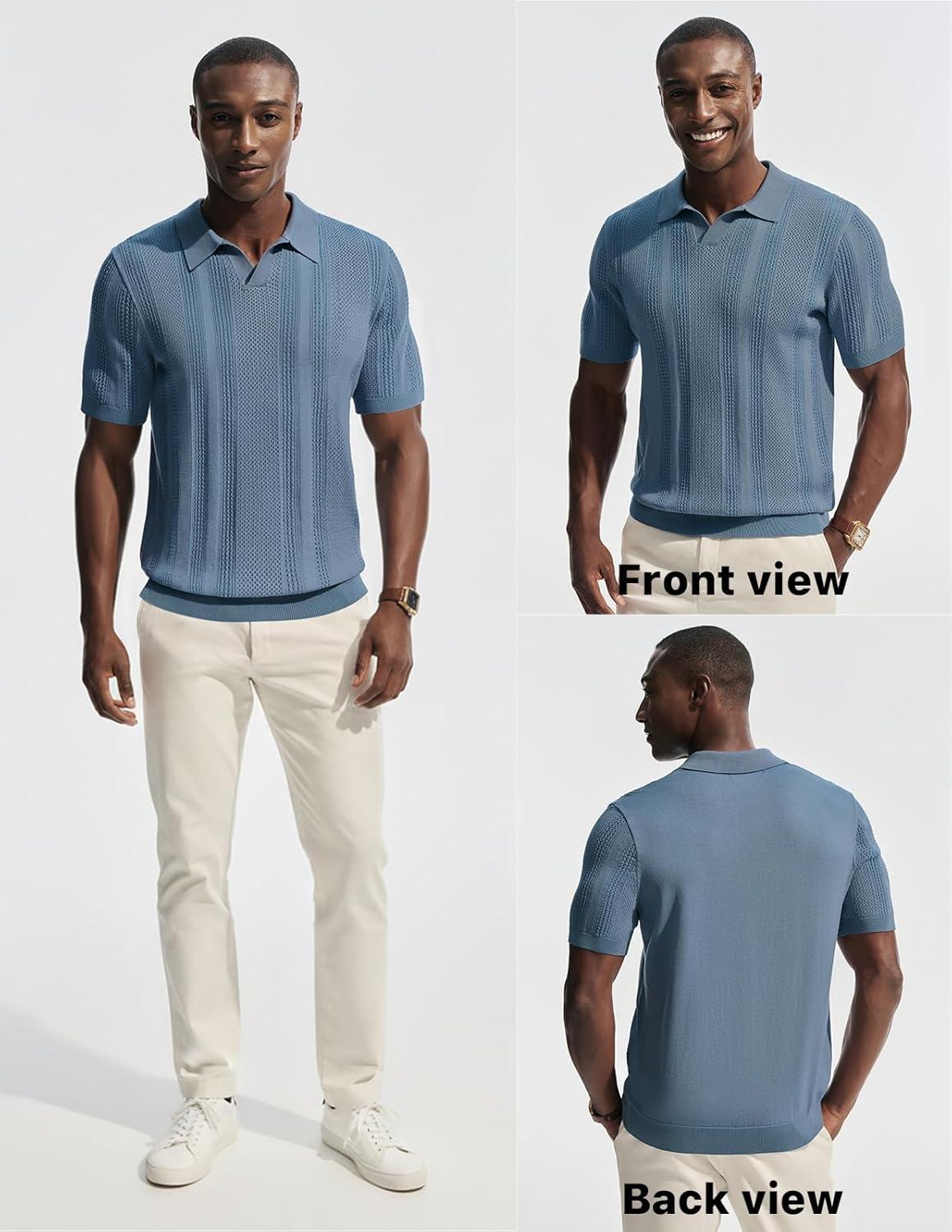 imagePJ PAUL JONES Mens Polo Shirts Short Sleeve V Neck Knit Shirt Casual Golf PolosGrey Blue