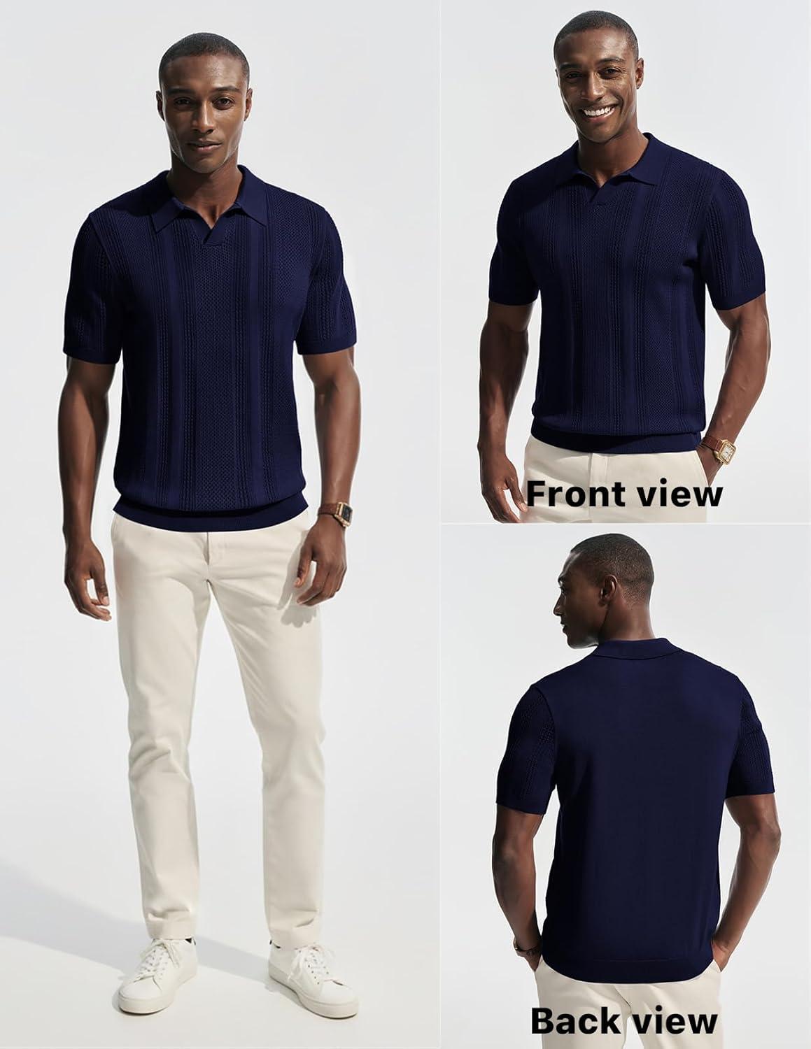 imagePJ PAUL JONES Mens Polo Shirts Short Sleeve V Neck Knit Shirt Casual Golf PolosNavy Blue