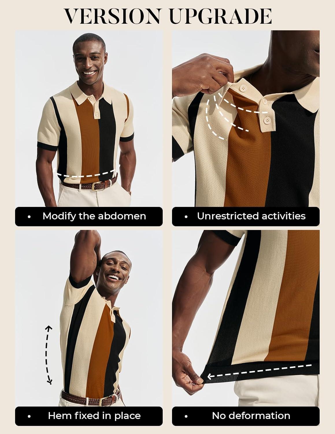 imagePJ PAUL JONES Mens Polo Shirts Vintage Striped Button Down Shirts Casual Knitting ShirtsApricot