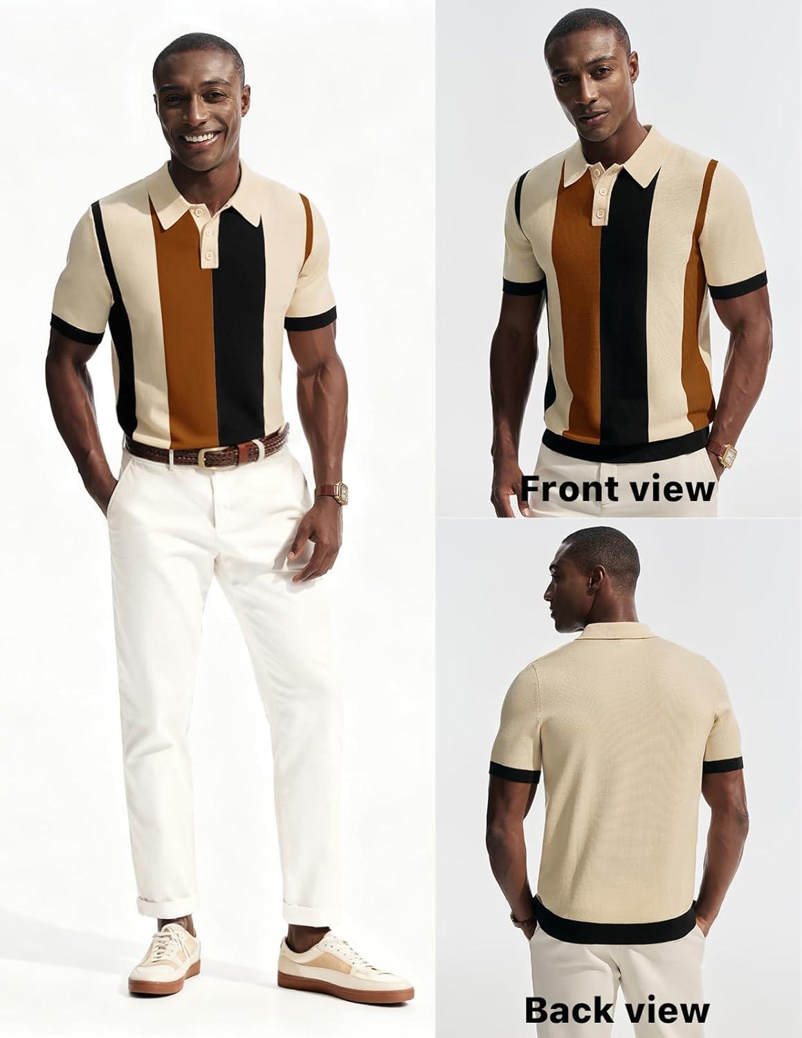 imagePJ PAUL JONES Mens Polo Shirts Vintage Striped Button Down Shirts Casual Knitting ShirtsApricot