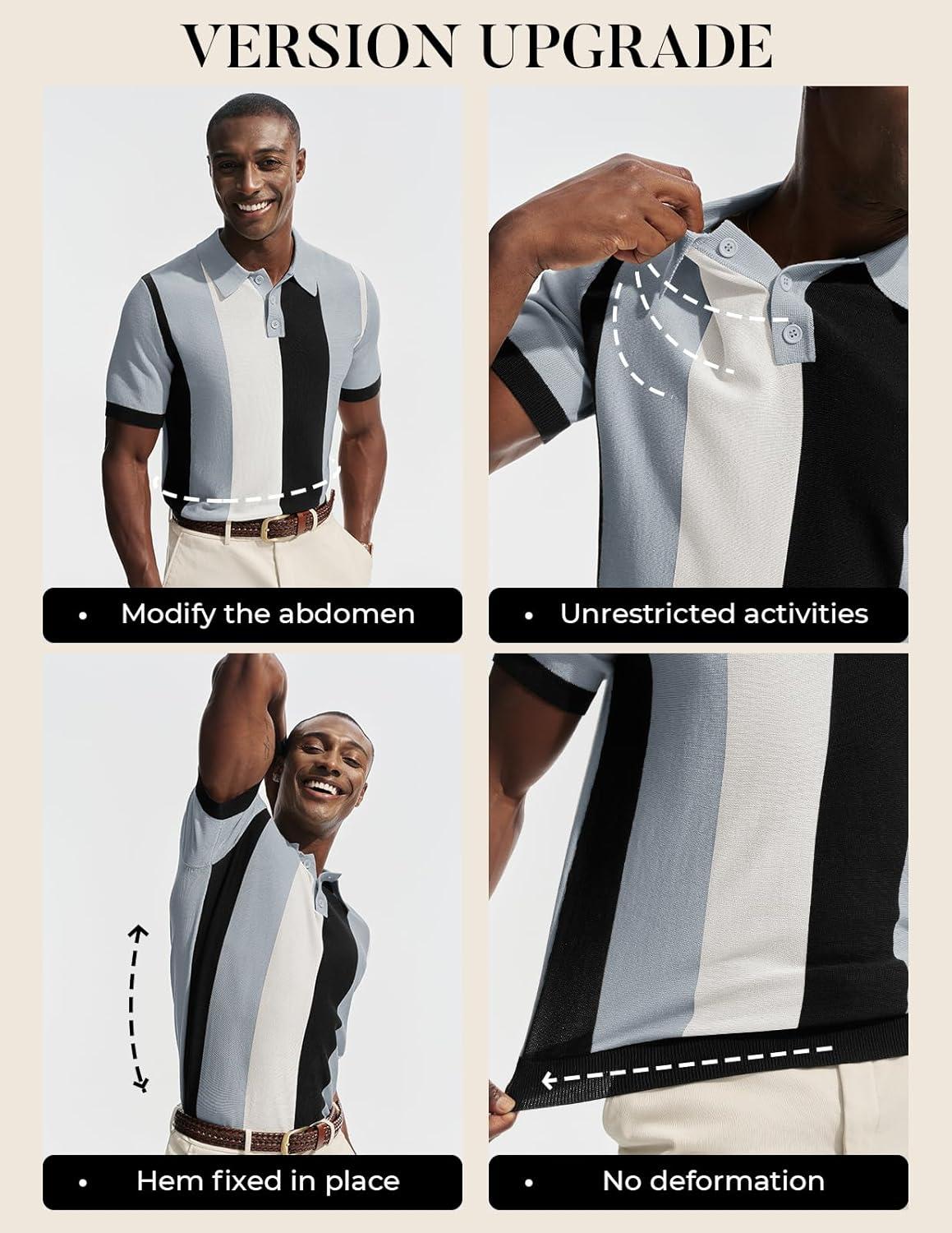 imagePJ PAUL JONES Mens Polo Shirts Vintage Striped Button Down Shirts Casual Knitting ShirtsBlue