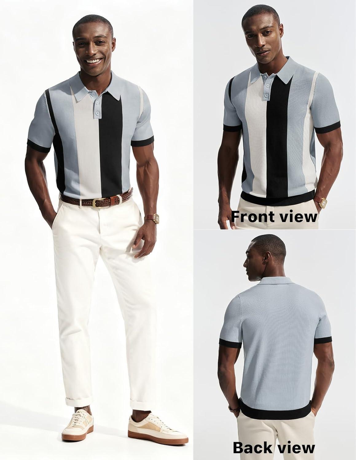imagePJ PAUL JONES Mens Polo Shirts Vintage Striped Button Down Shirts Casual Knitting ShirtsBlue