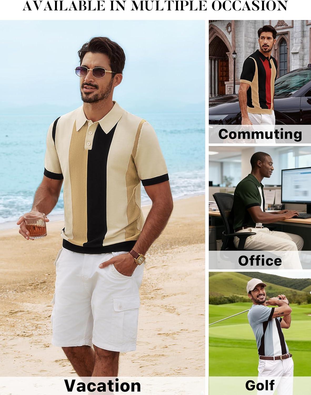 imagePJ PAUL JONES Mens Polo Shirts Vintage Striped Button Down Shirts Casual Knitting ShirtsGreen
