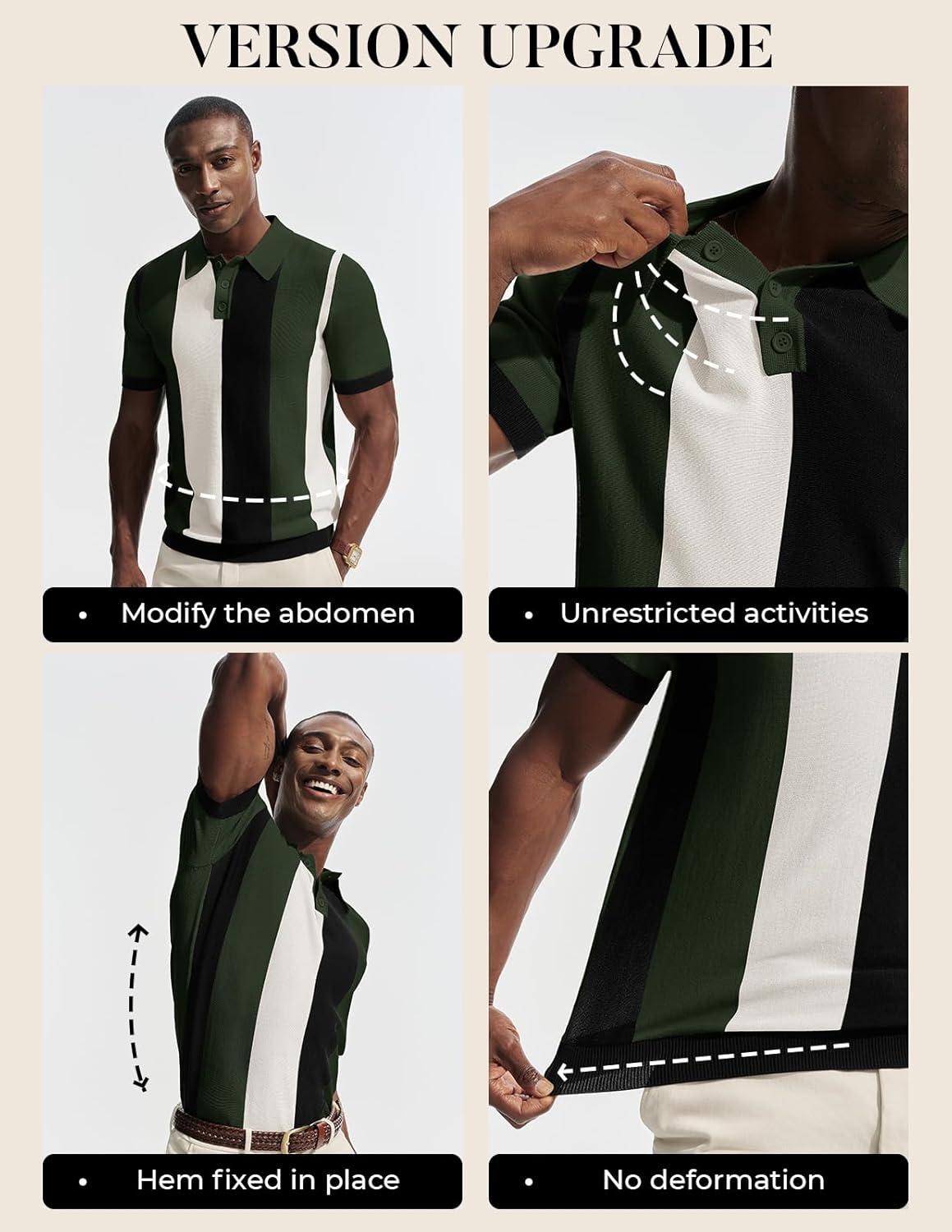 imagePJ PAUL JONES Mens Polo Shirts Vintage Striped Button Down Shirts Casual Knitting ShirtsGreen