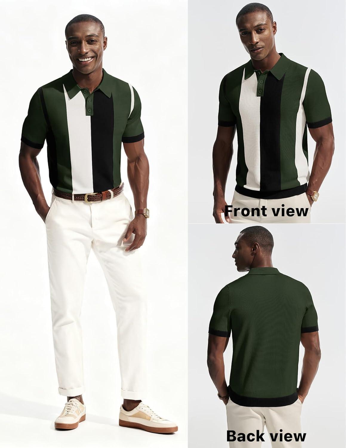 imagePJ PAUL JONES Mens Polo Shirts Vintage Striped Button Down Shirts Casual Knitting ShirtsGreen