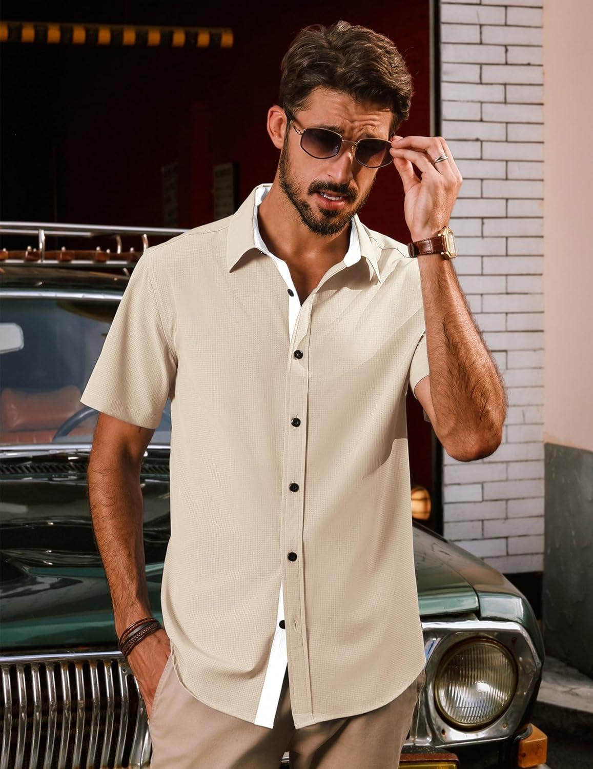 imagePJ PAUL JONES Mens Short Sleeve Button Down Casual Dress ShirtBeige