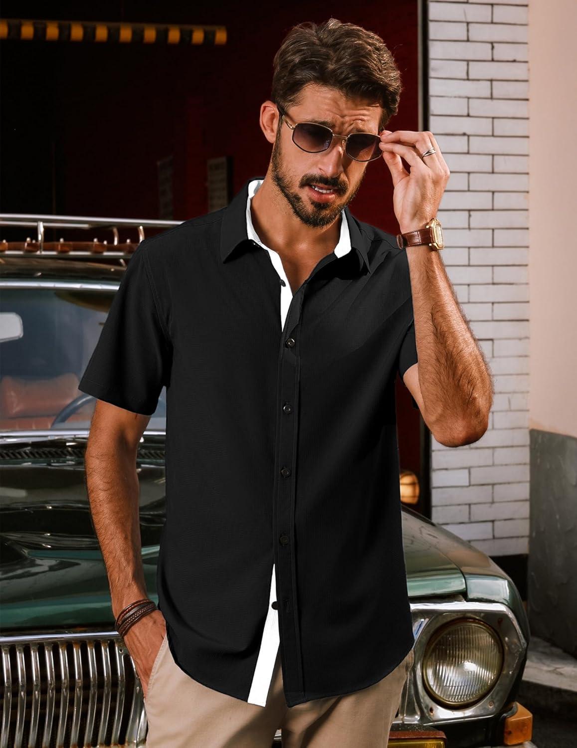 imagePJ PAUL JONES Mens Short Sleeve Button Down Casual Dress ShirtBlack