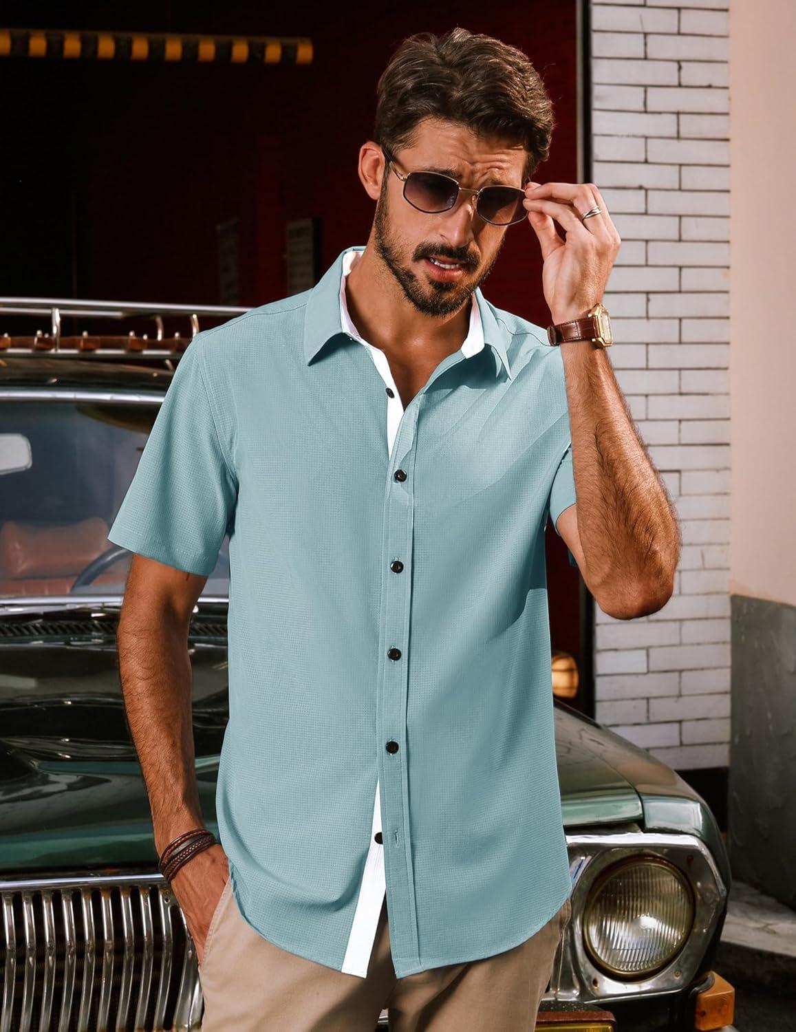 imagePJ PAUL JONES Mens Short Sleeve Button Down Casual Dress ShirtBlue