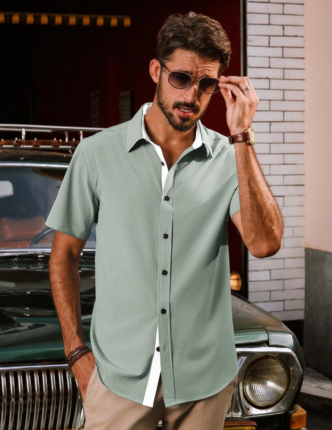 imagePJ PAUL JONES Mens Short Sleeve Button Down Casual Dress ShirtGreen