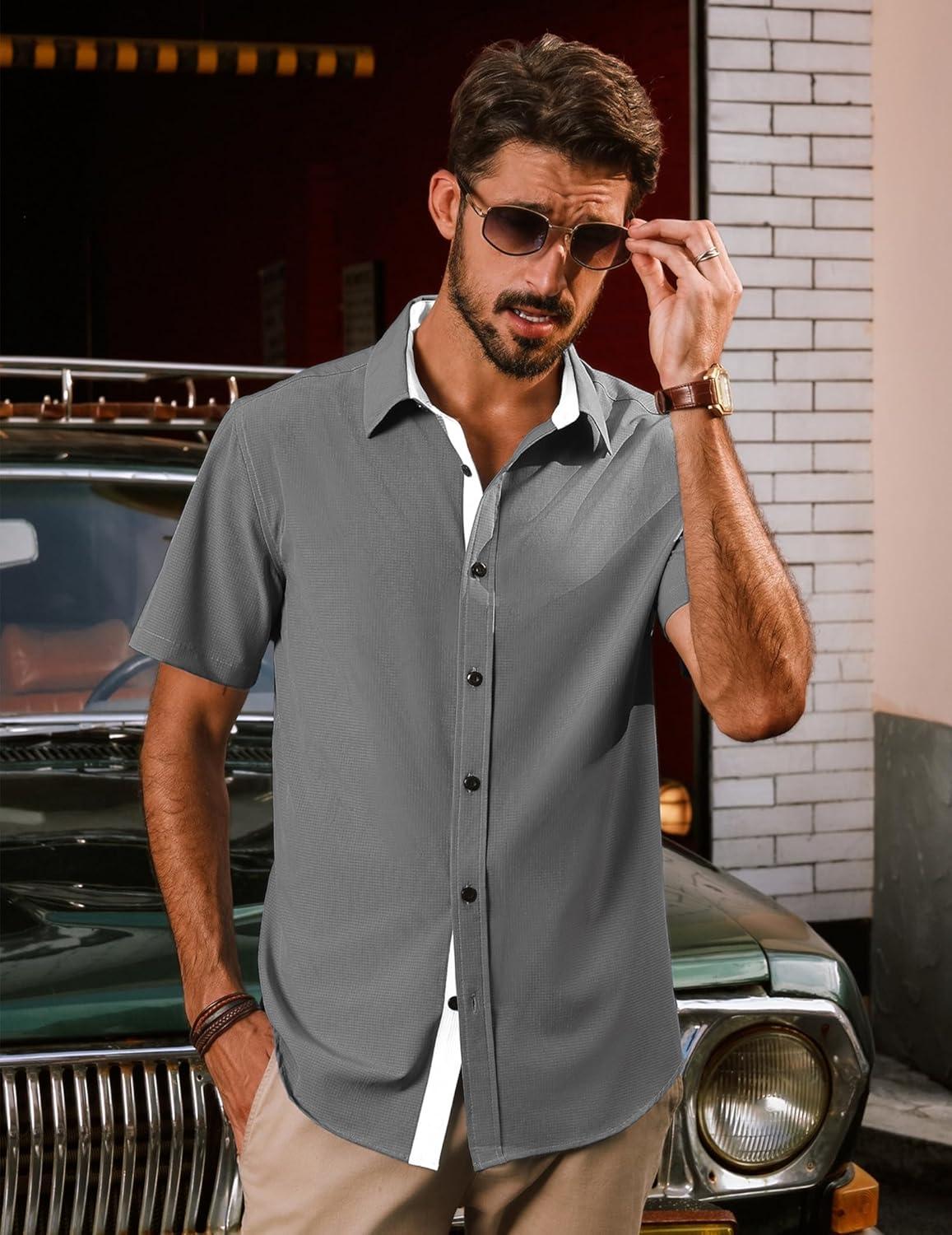 imagePJ PAUL JONES Mens Short Sleeve Button Down Casual Dress ShirtGrey