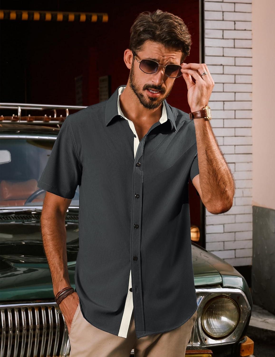 imagePJ PAUL JONES Mens Short Sleeve Button Down Casual Dress ShirtGrey Black