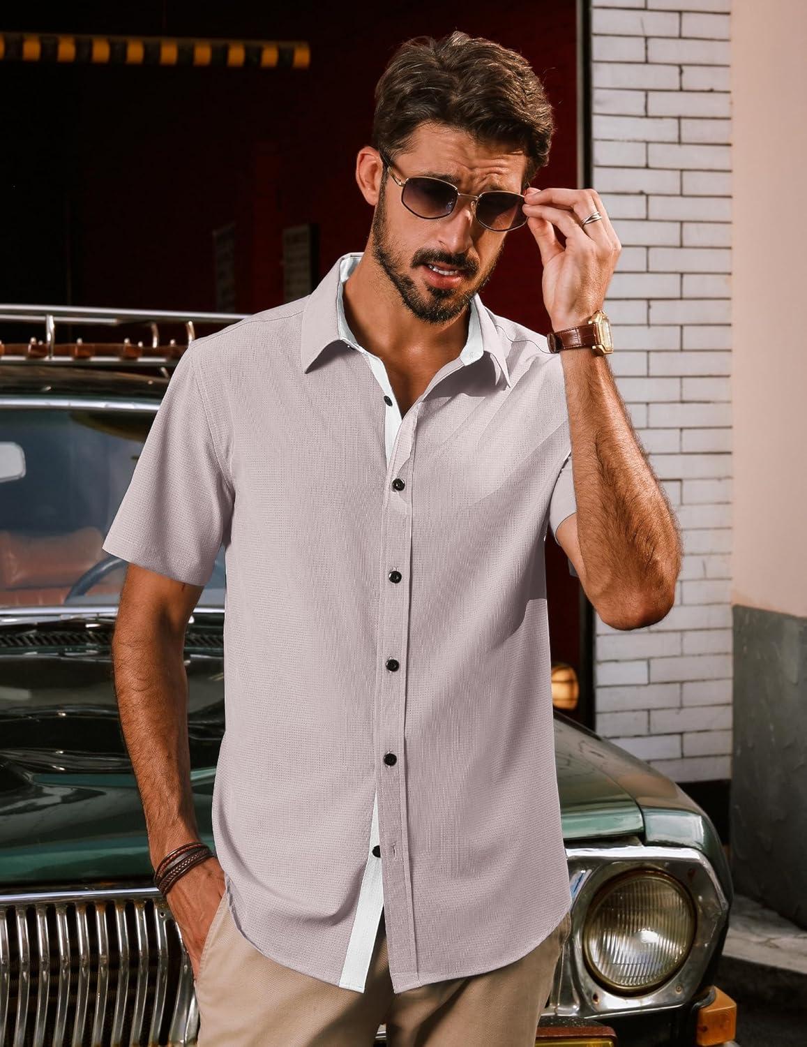 imagePJ PAUL JONES Mens Short Sleeve Button Down Casual Dress ShirtGrey Pink
