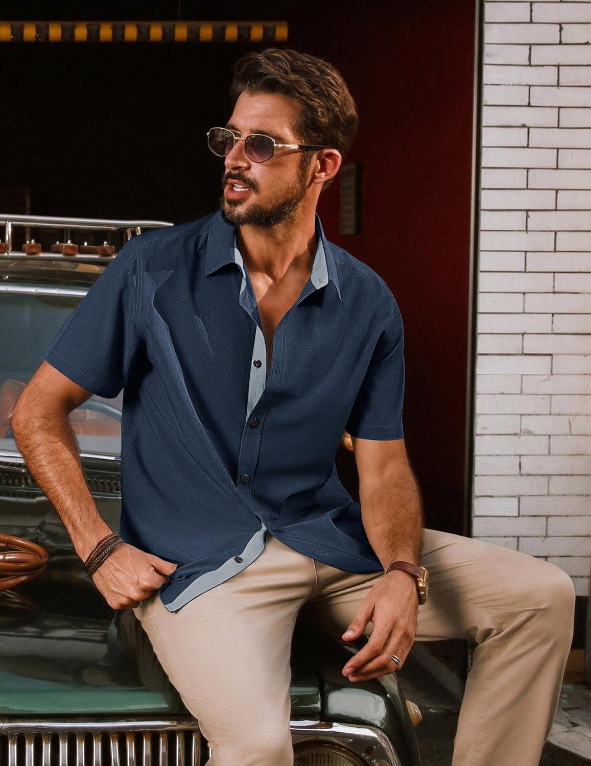 imagePJ PAUL JONES Mens Short Sleeve Button Down Casual Dress ShirtNavy Blue