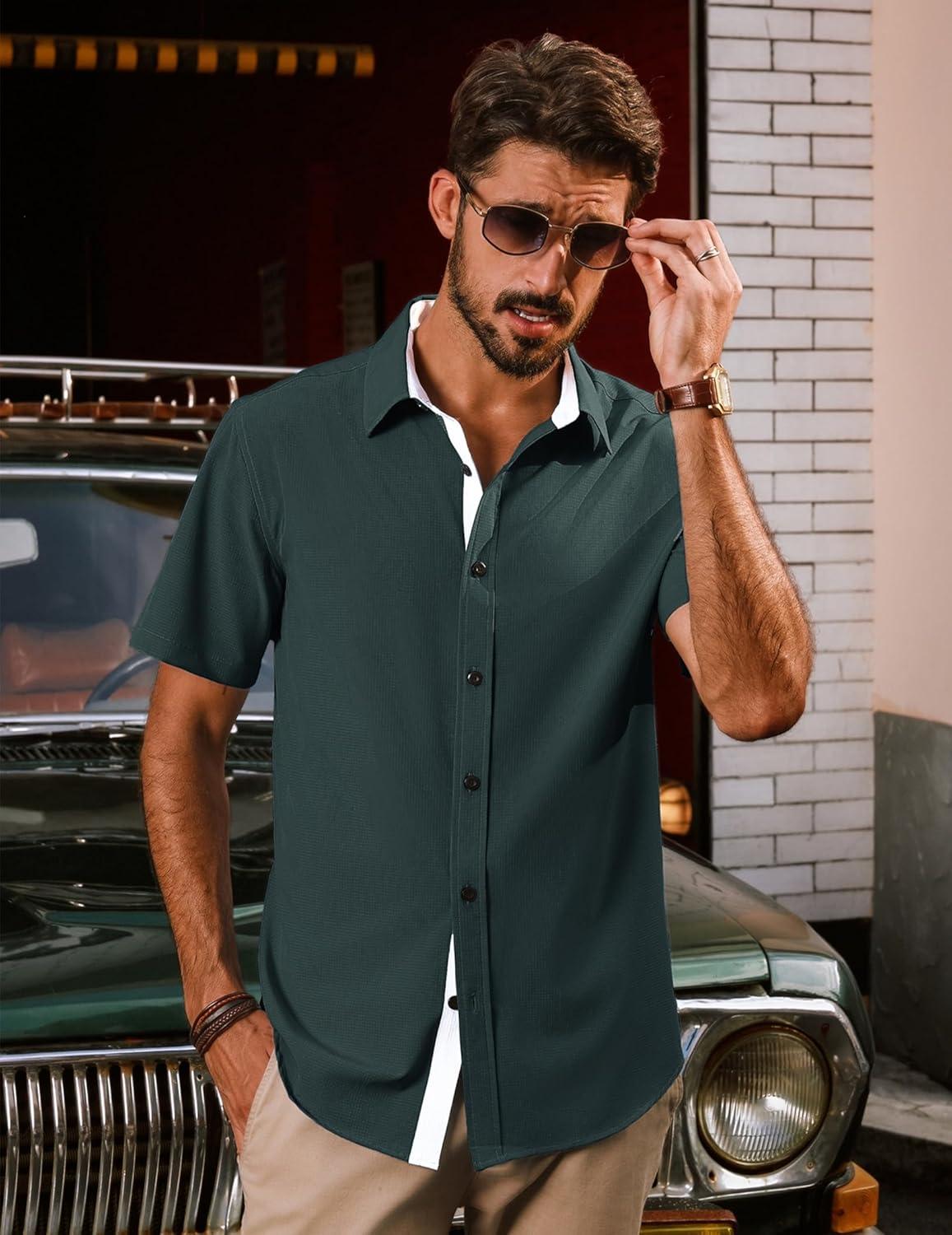 imagePJ PAUL JONES Mens Short Sleeve Button Down Casual Dress ShirtOlive Green