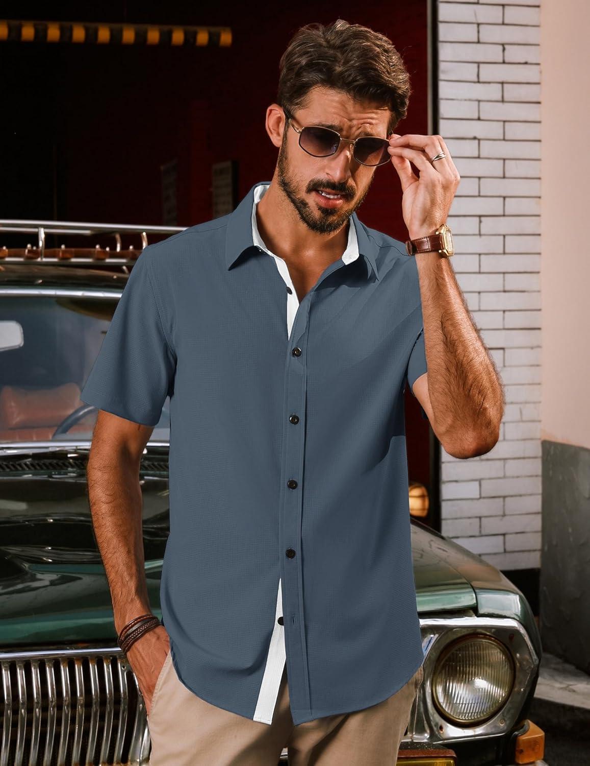 imagePJ PAUL JONES Mens Short Sleeve Button Down Casual Dress ShirtPurple Blue