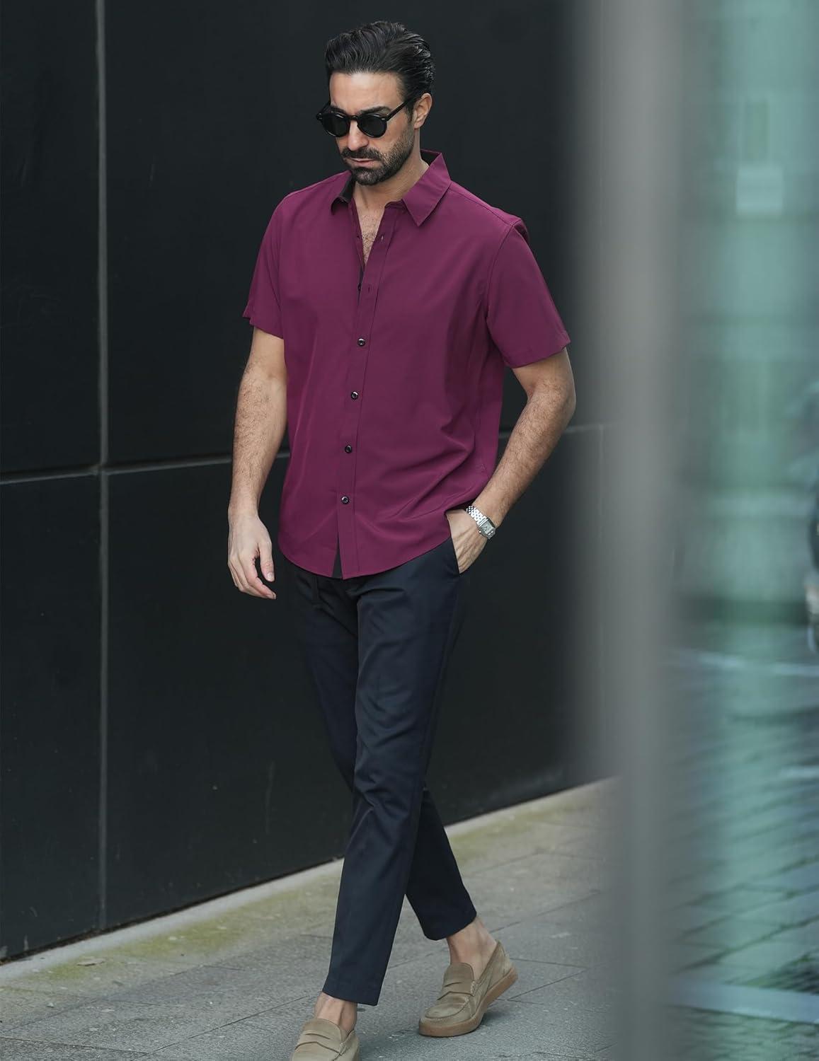 imagePJ PAUL JONES Mens Short Sleeve Button Down Casual Dress ShirtRed