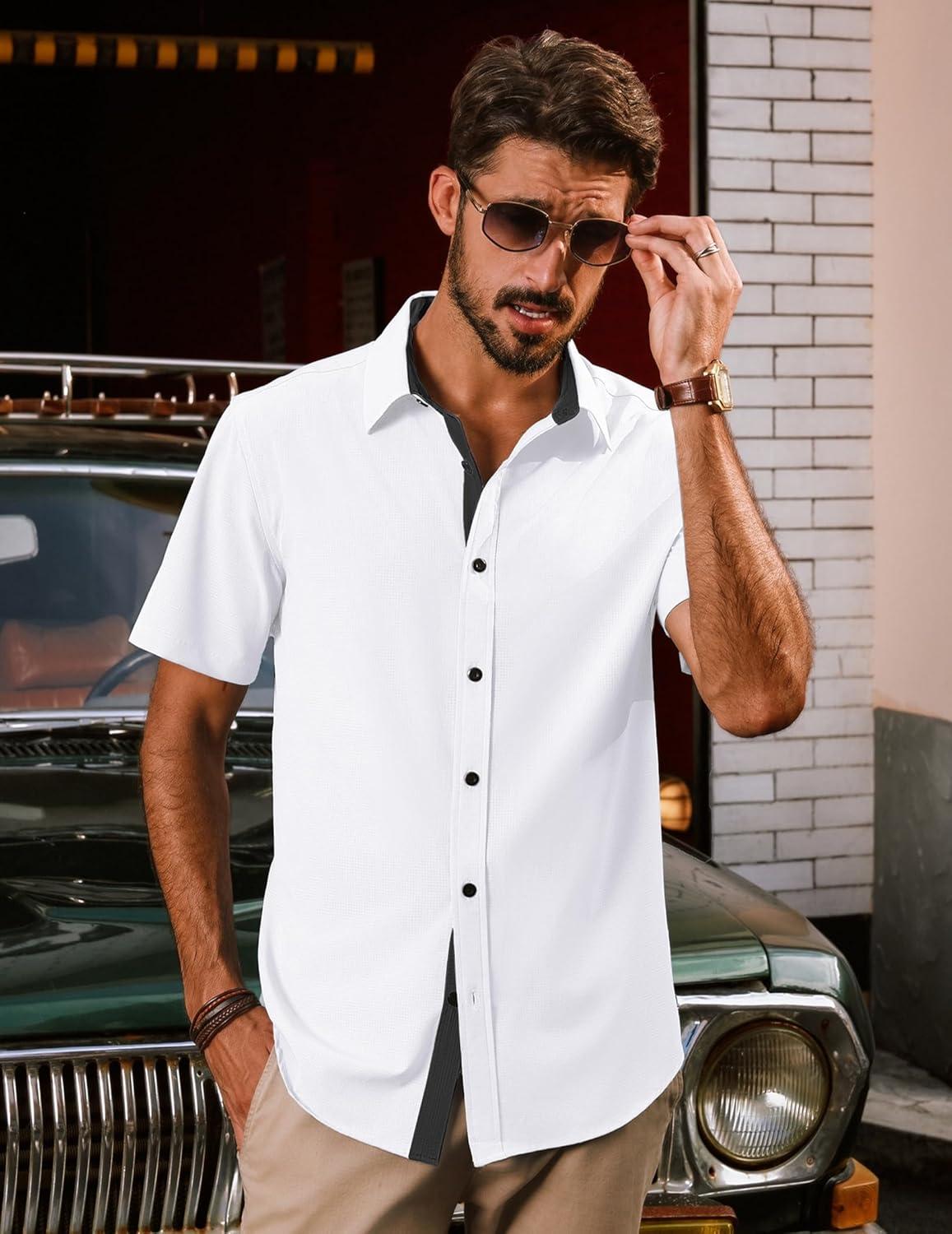 imagePJ PAUL JONES Mens Short Sleeve Button Down Casual Dress ShirtWhite