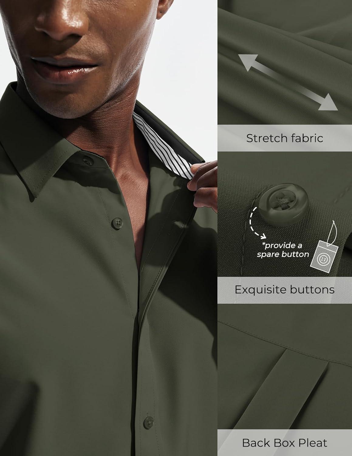 imagePJ PAUL JONES Mens Short Sleeve Dress Shirts Stretch Wrinke Free Untucked Business Casual Button Down Shirt Regular FitArmy Green