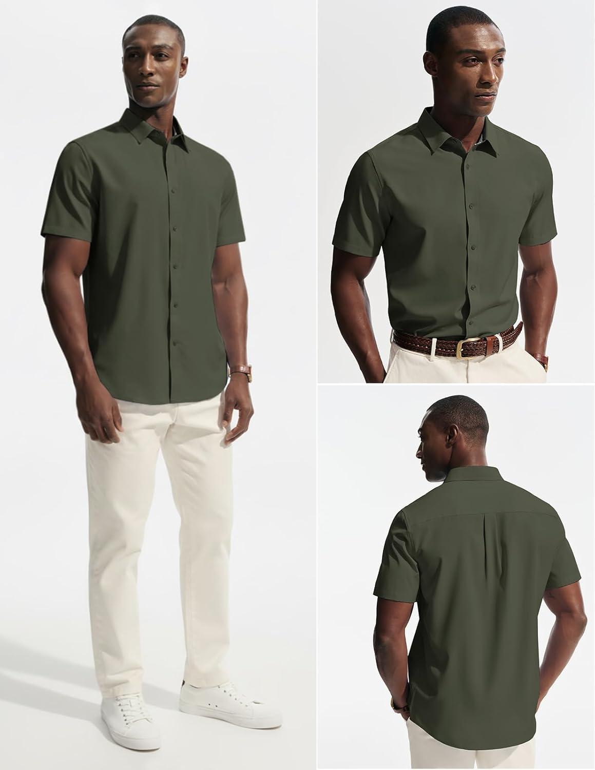 imagePJ PAUL JONES Mens Short Sleeve Dress Shirts Stretch Wrinke Free Untucked Business Casual Button Down Shirt Regular FitArmy Green