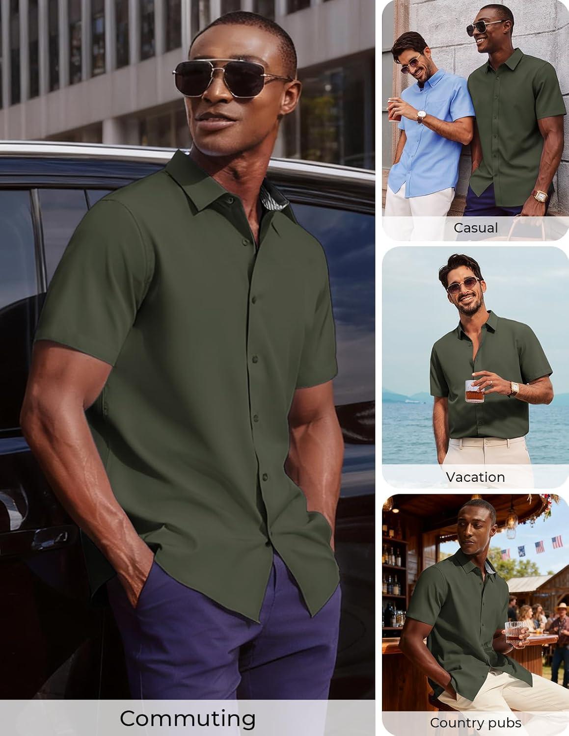 imagePJ PAUL JONES Mens Short Sleeve Dress Shirts Stretch Wrinke Free Untucked Business Casual Button Down Shirt Regular FitArmy Green