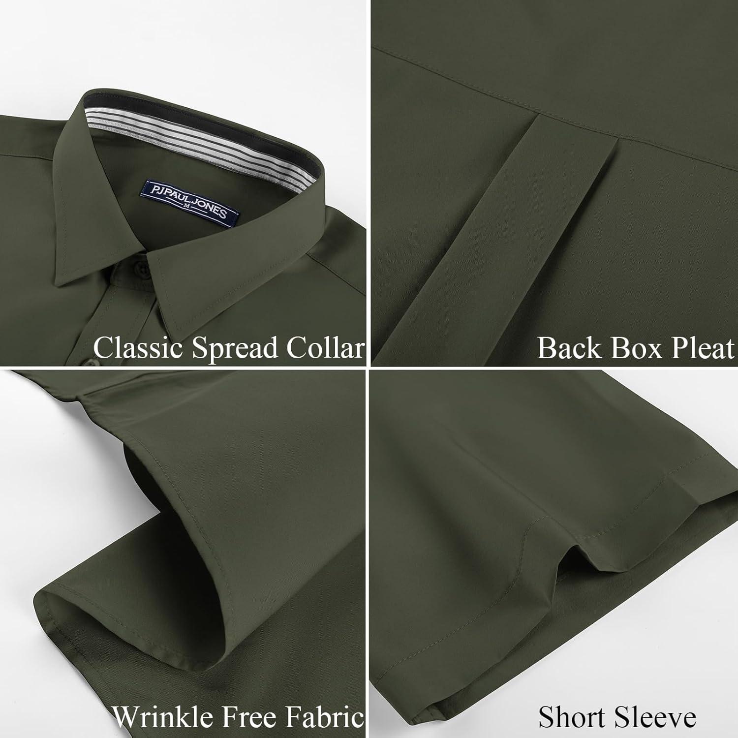 imagePJ PAUL JONES Mens Short Sleeve Dress Shirts Stretch Wrinke Free Untucked Business Casual Button Down Shirt Regular FitArmy Green