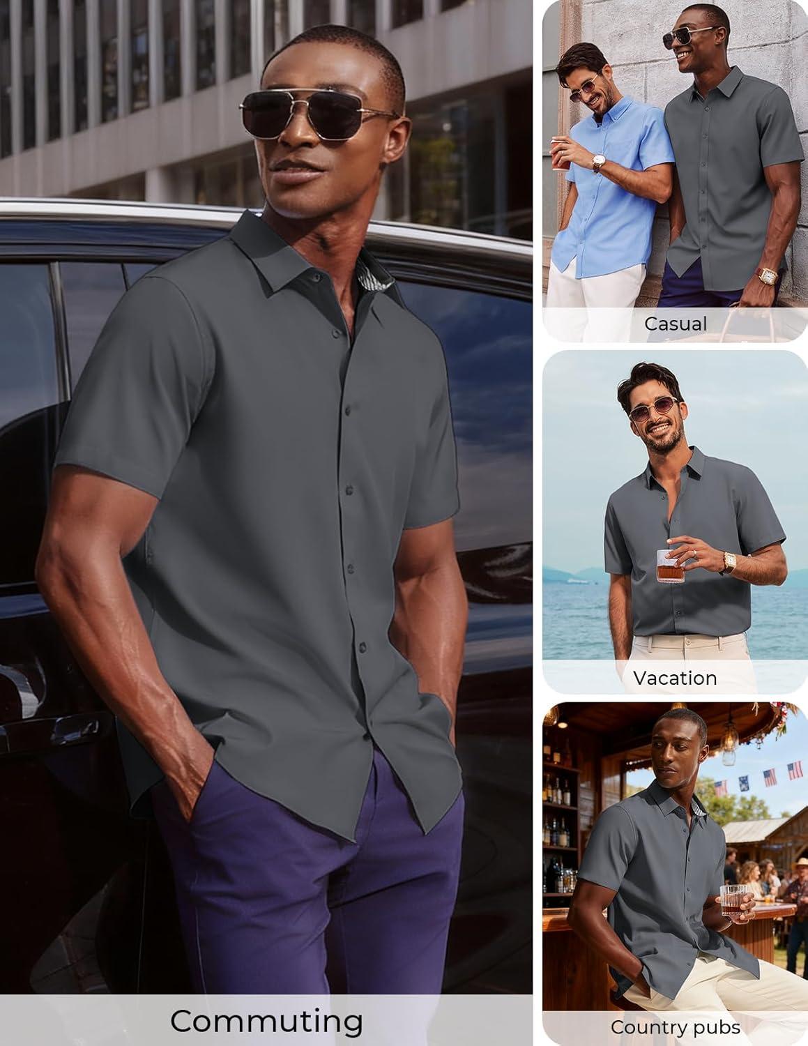 imagePJ PAUL JONES Mens Short Sleeve Dress Shirts Stretch Wrinke Free Untucked Business Casual Button Down Shirt Regular FitGrey