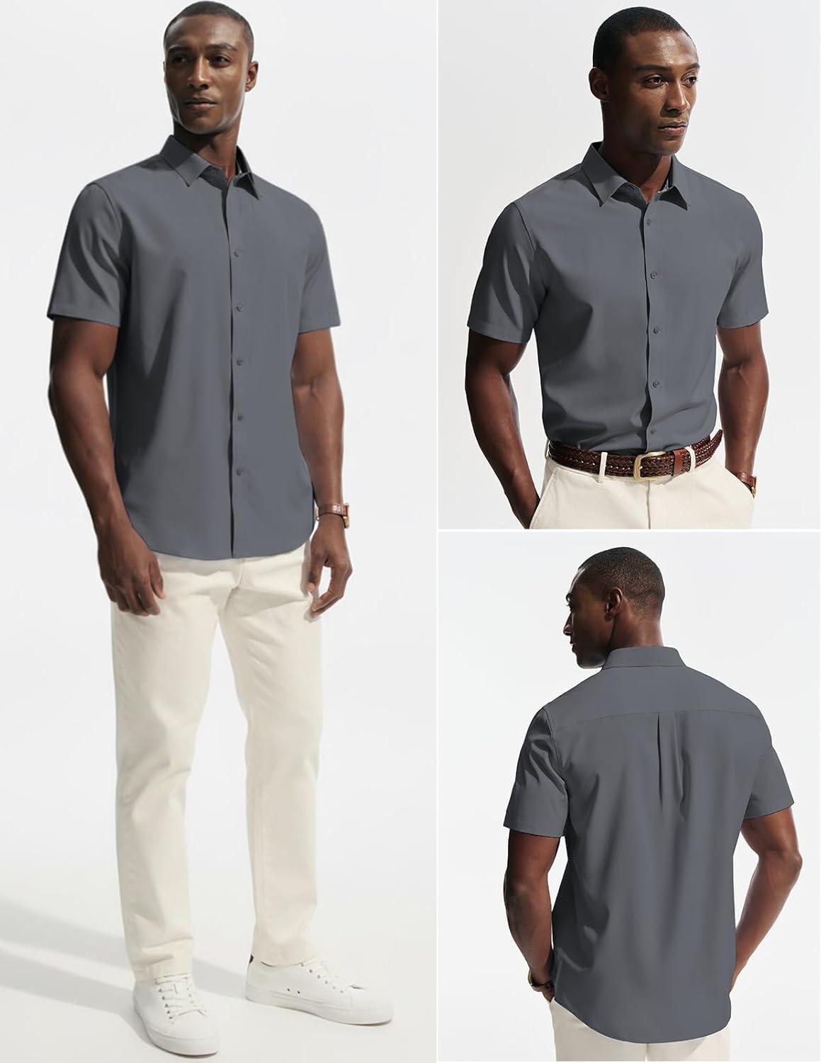 imagePJ PAUL JONES Mens Short Sleeve Dress Shirts Stretch Wrinke Free Untucked Business Casual Button Down Shirt Regular FitGrey