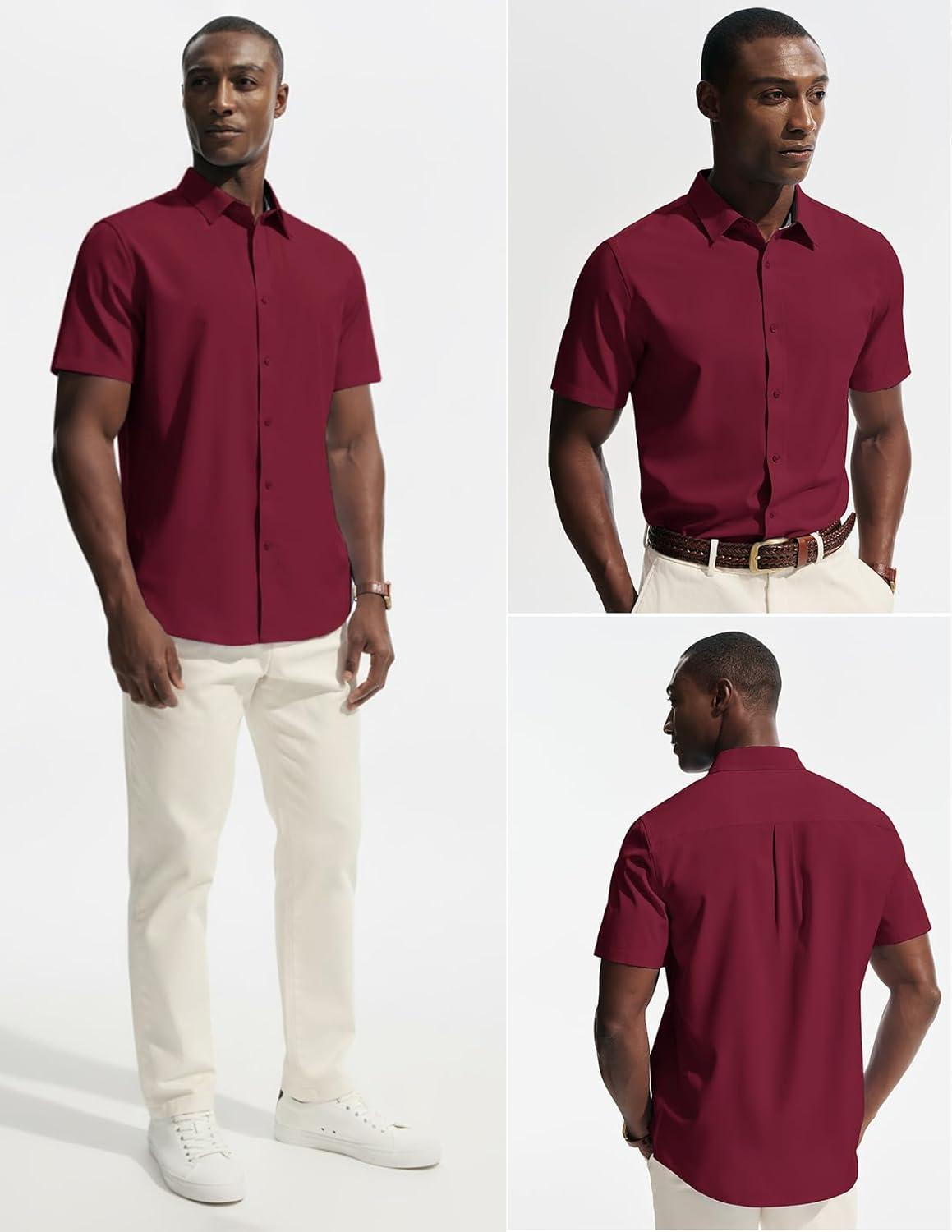imagePJ PAUL JONES Mens Short Sleeve Dress Shirts Stretch Wrinke Free Untucked Business Casual Button Down Shirt Regular FitWine Red