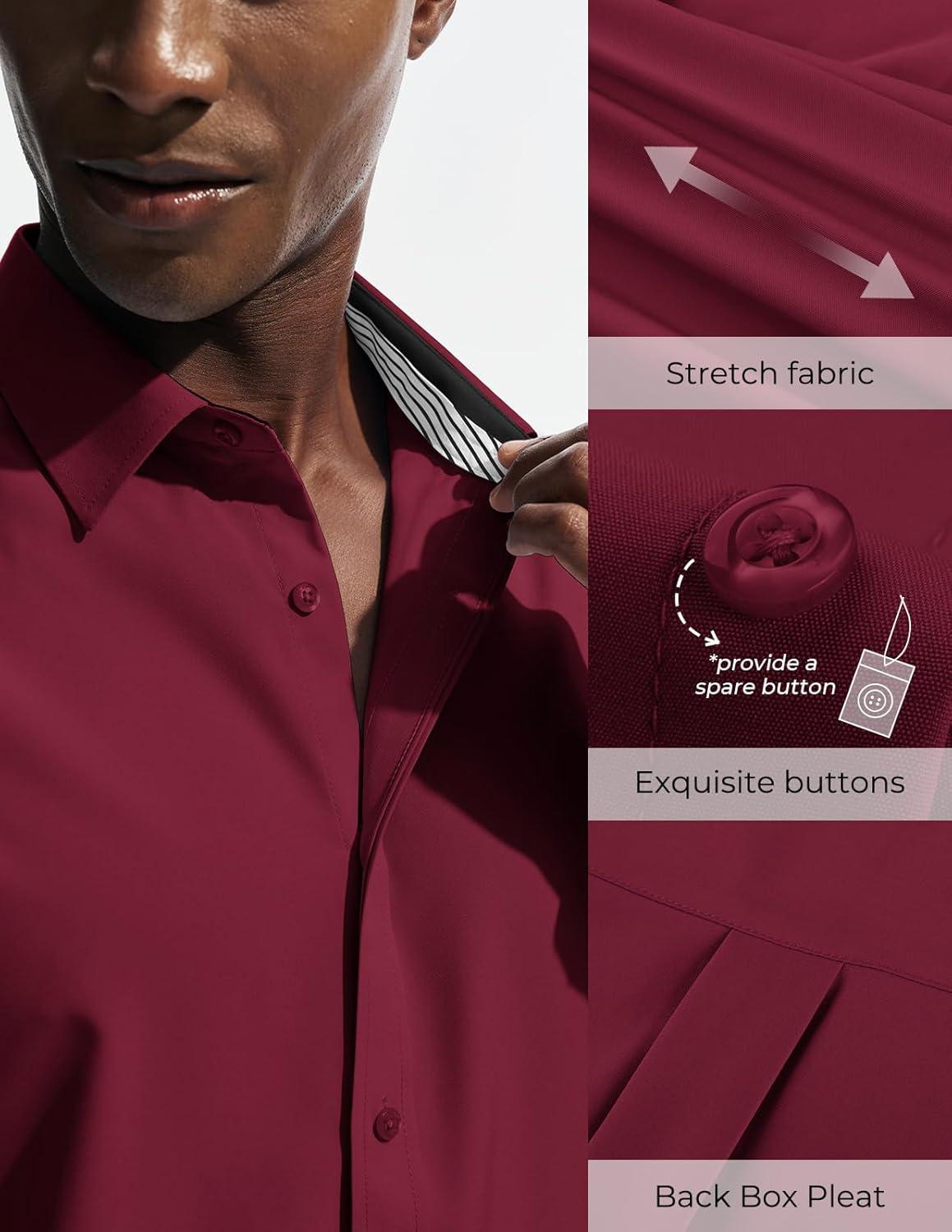 imagePJ PAUL JONES Mens Short Sleeve Dress Shirts Stretch Wrinke Free Untucked Business Casual Button Down Shirt Regular FitWine Red