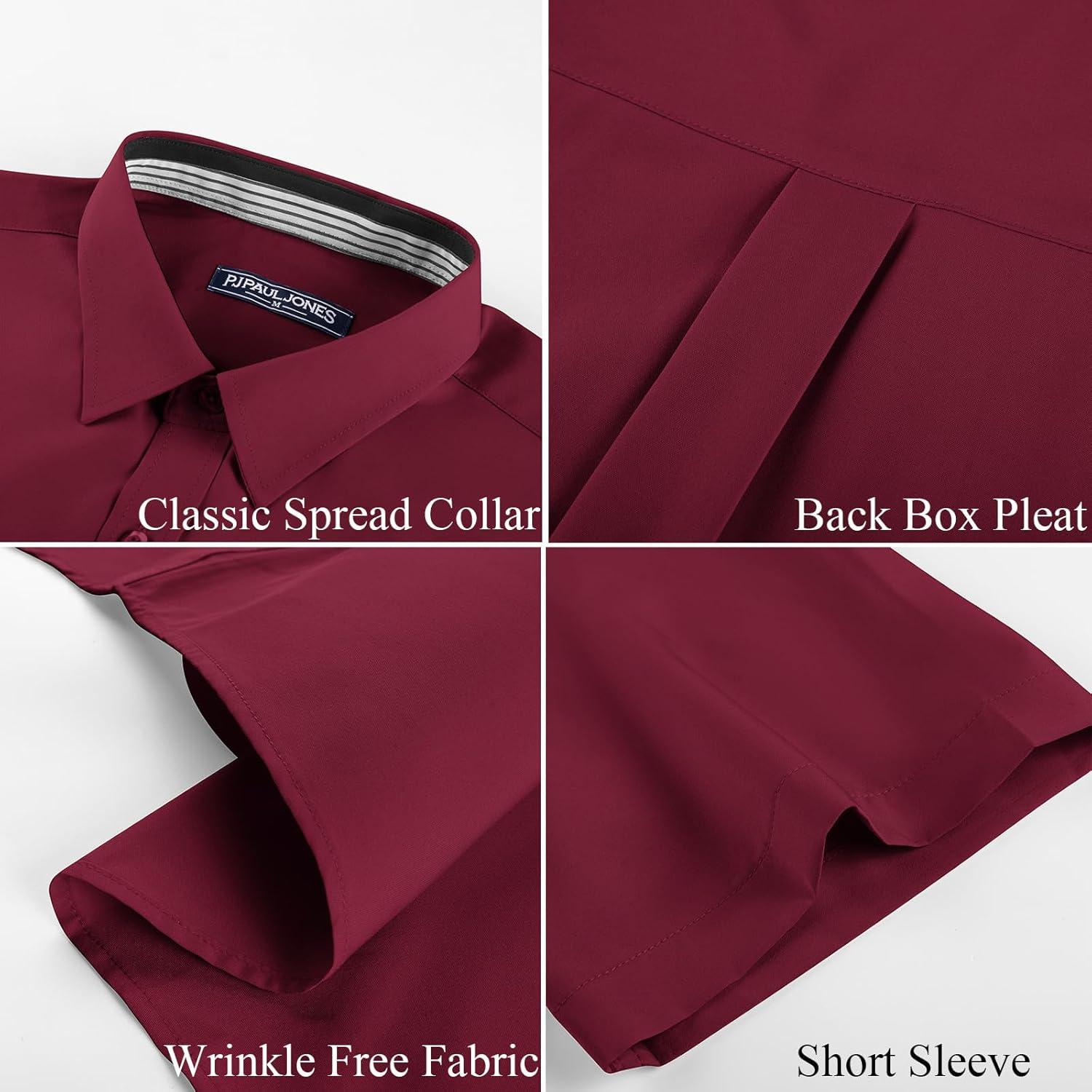 imagePJ PAUL JONES Mens Short Sleeve Dress Shirts Stretch Wrinke Free Untucked Business Casual Button Down Shirt Regular FitWine Red