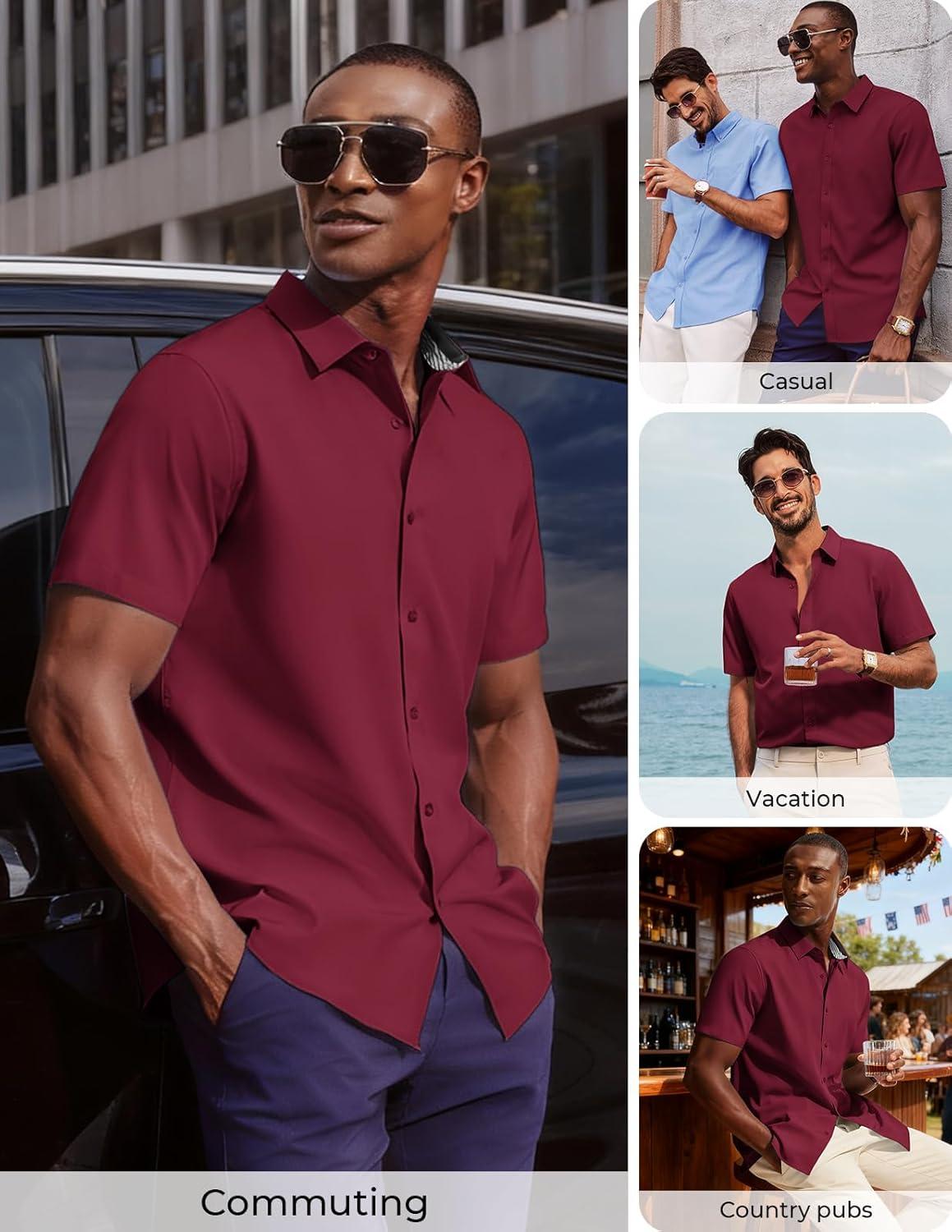 imagePJ PAUL JONES Mens Short Sleeve Dress Shirts Stretch Wrinke Free Untucked Business Casual Button Down Shirt Regular FitWine Red