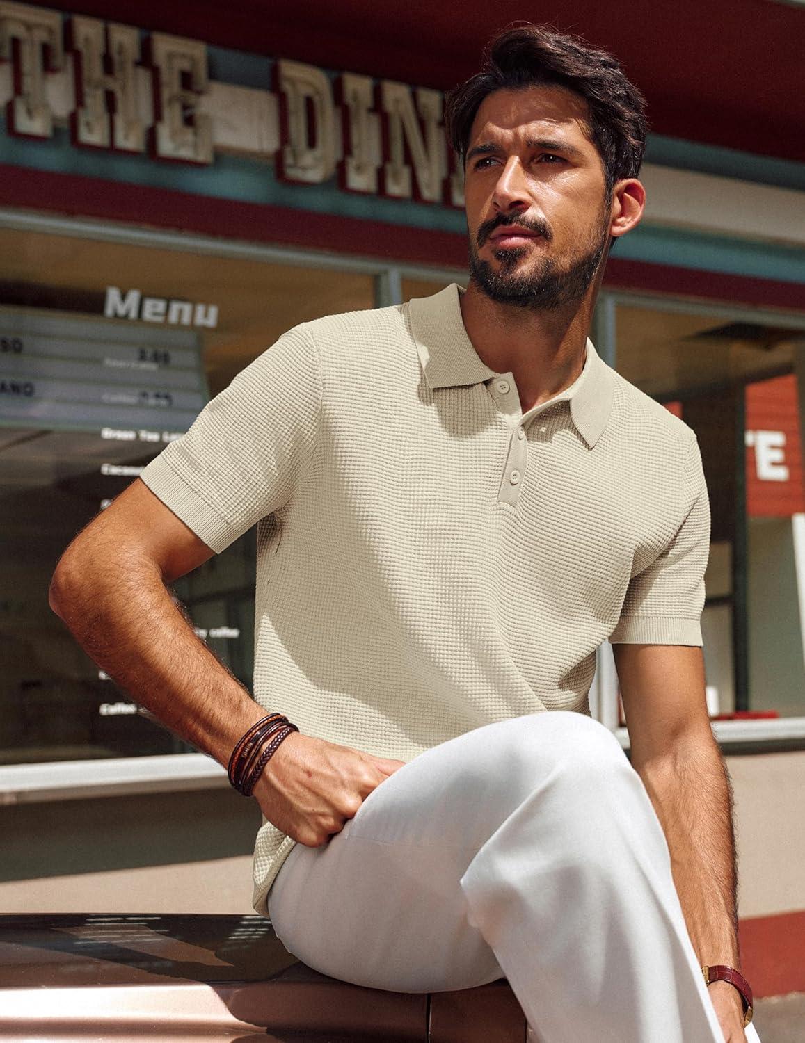 imagePJ PAUL JONES Mens Short Sleeve Waffle Texture Polo ShirtApricot