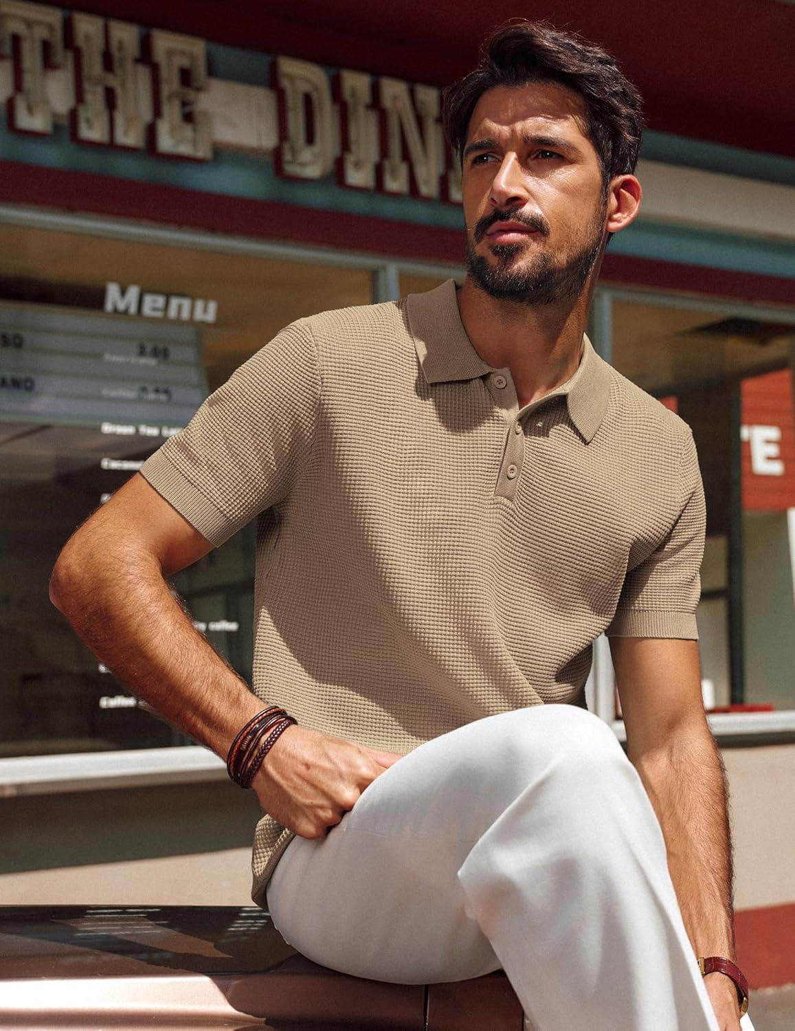 imagePJ PAUL JONES Mens Short Sleeve Waffle Texture Polo ShirtCamel