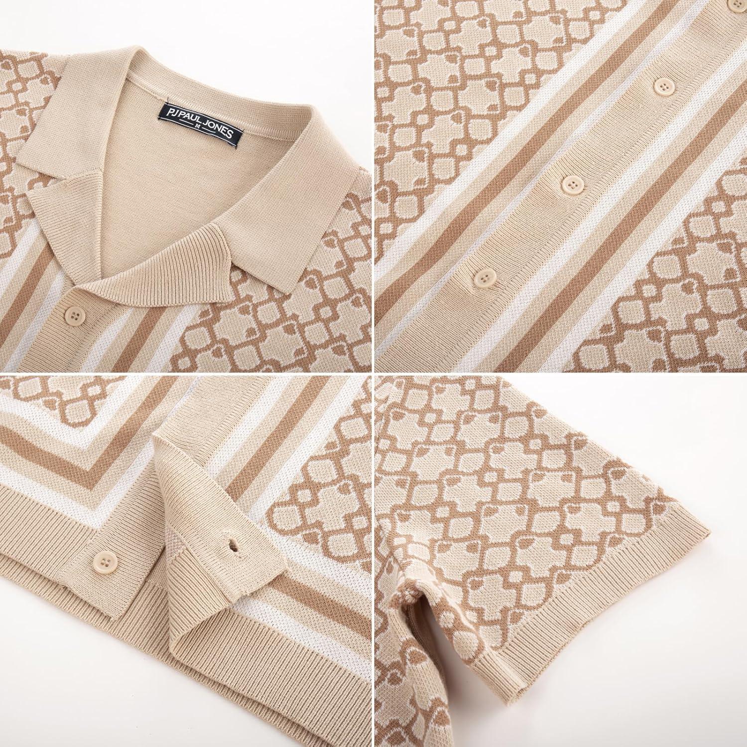 imagePJ PAUL JONES Mens Vintage Button Down Cuban Collar Knitted Polo ShirtBeige