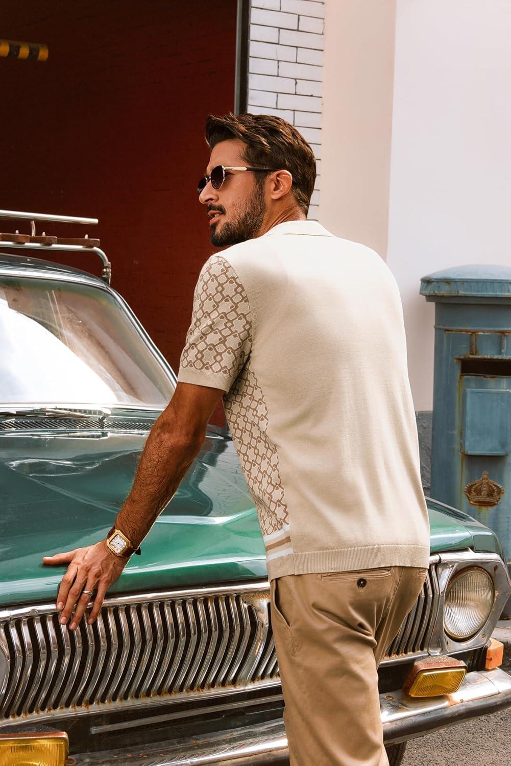 imagePJ PAUL JONES Mens Vintage Button Down Cuban Collar Knitted Polo ShirtBeige