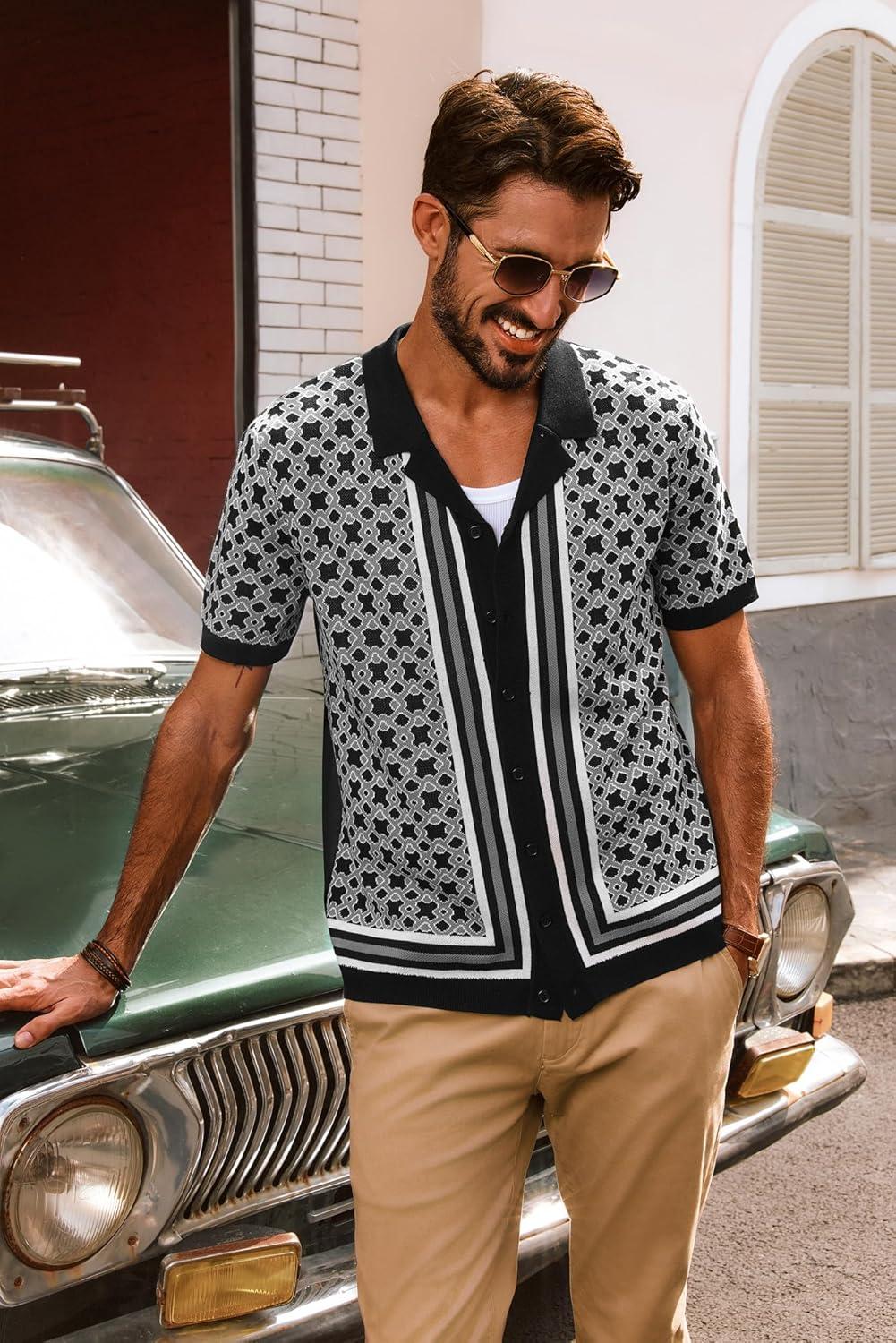 imagePJ PAUL JONES Mens Vintage Button Down Cuban Collar Knitted Polo ShirtBlack