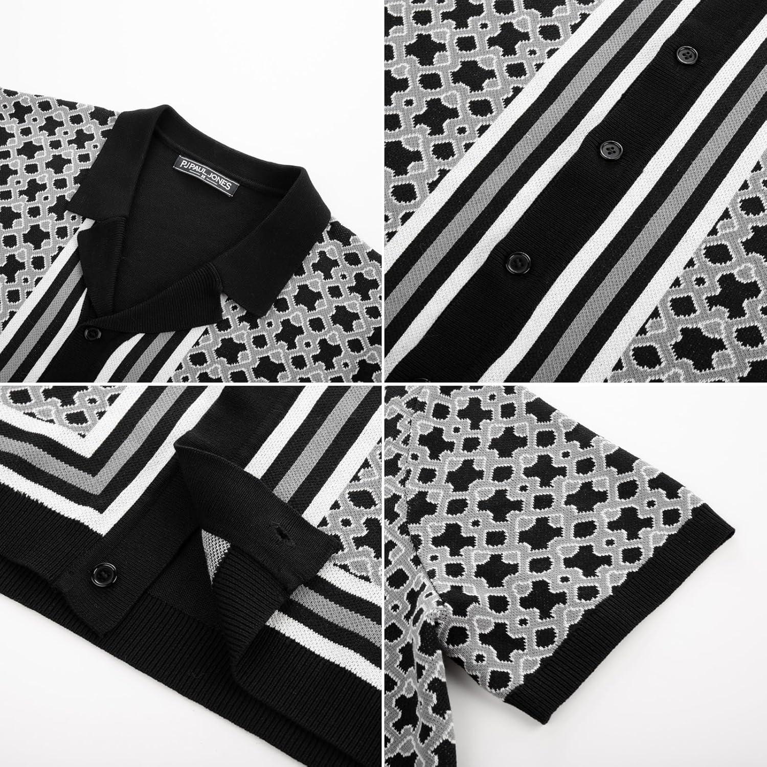 imagePJ PAUL JONES Mens Vintage Button Down Cuban Collar Knitted Polo ShirtBlack