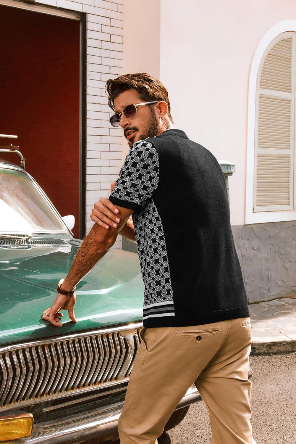 imagePJ PAUL JONES Mens Vintage Button Down Cuban Collar Knitted Polo ShirtBlack